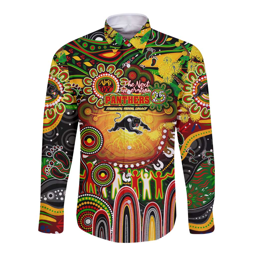 Personalised NAIDOC Week 2025 Panthers Rugby Long Sleeve Button Shirt Aboriginal Dot Painting