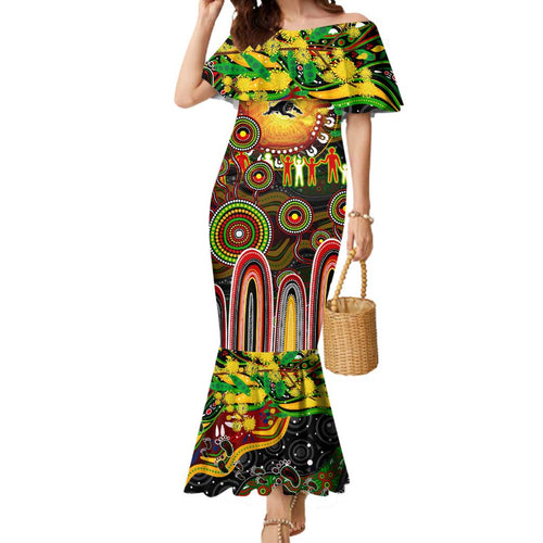 Personalised NAIDOC Week 2025 Panthers Rugby Mermaid Dress Aboriginal Dot Painting