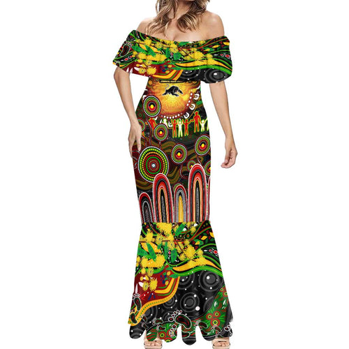 Personalised NAIDOC Week 2025 Panthers Rugby Mermaid Dress Aboriginal Dot Painting