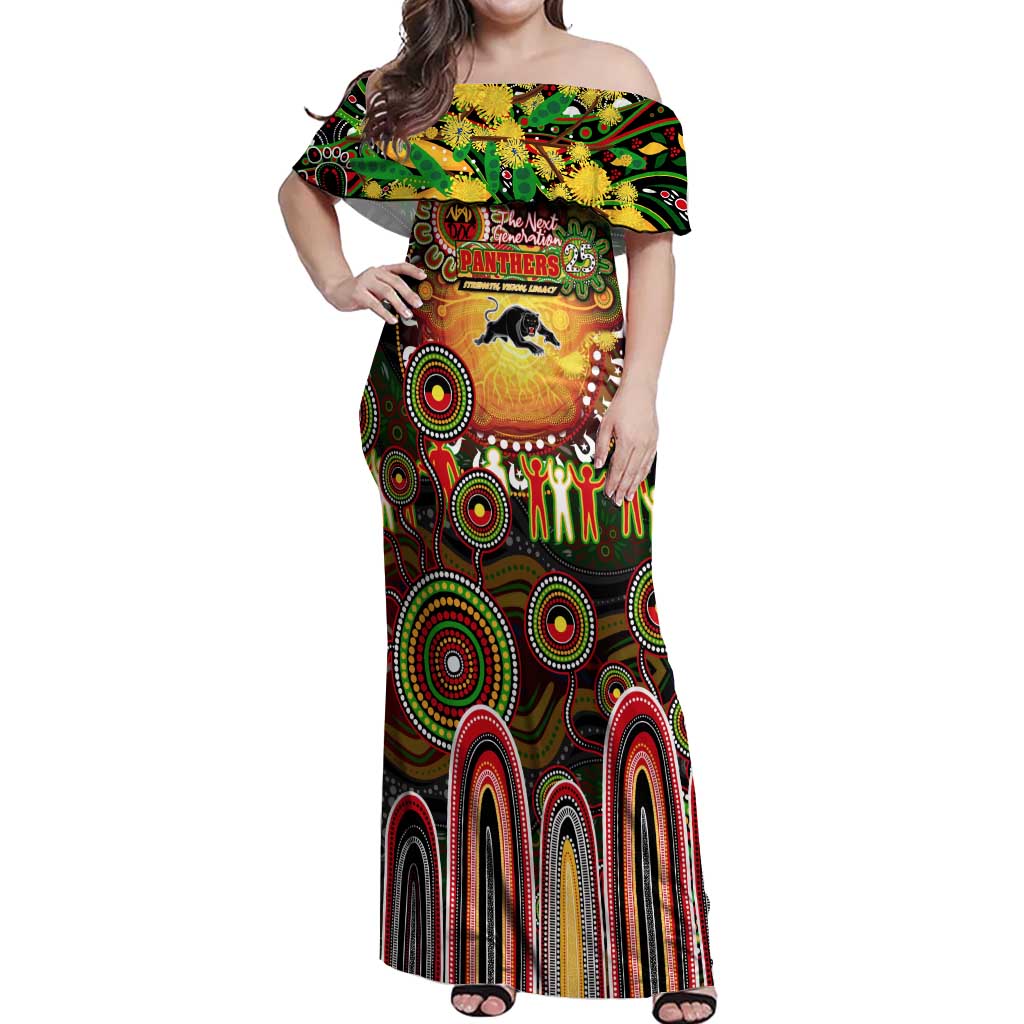 Personalised NAIDOC Week 2025 Panthers Rugby Off Shoulder Maxi Dress Aboriginal Dot Painting