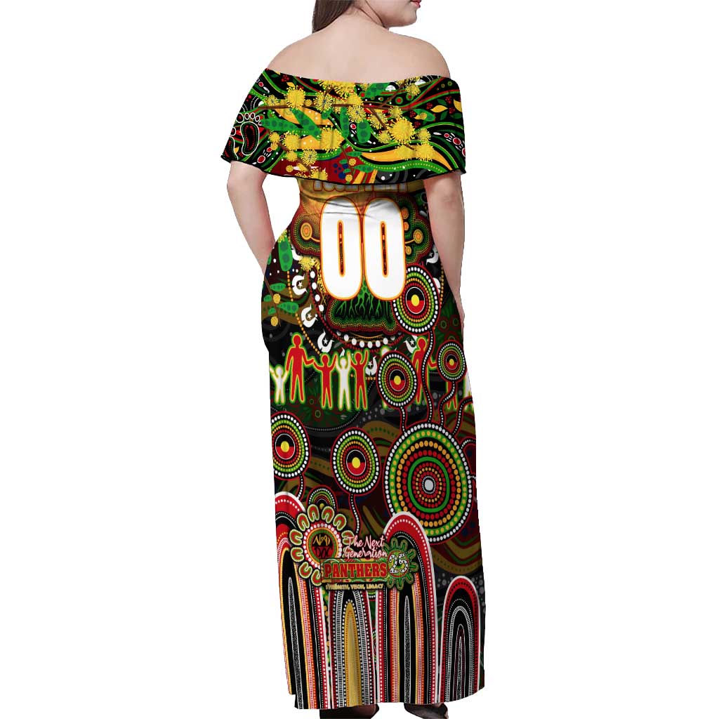 Personalised NAIDOC Week 2025 Panthers Rugby Off Shoulder Maxi Dress Aboriginal Dot Painting