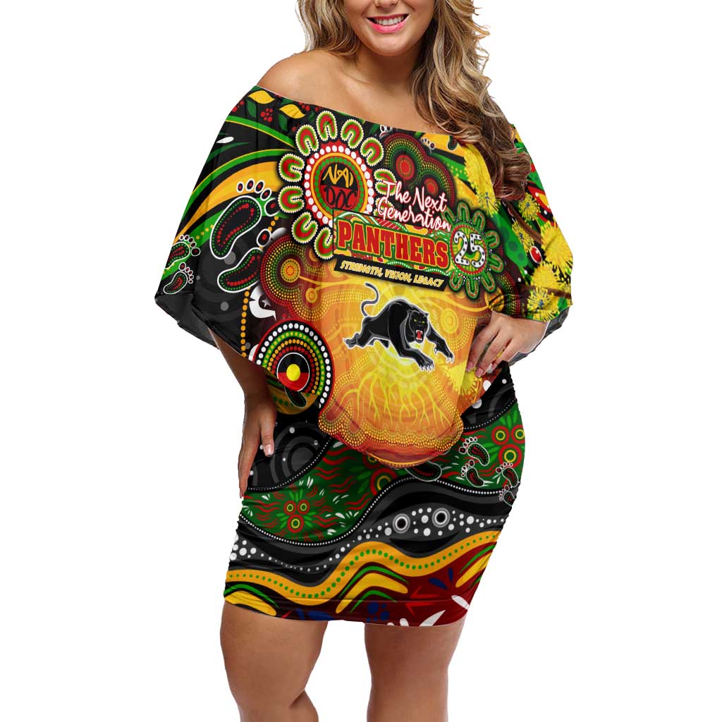 Personalised NAIDOC Week 2025 Panthers Rugby Off Shoulder Short Dress Aboriginal Dot Painting