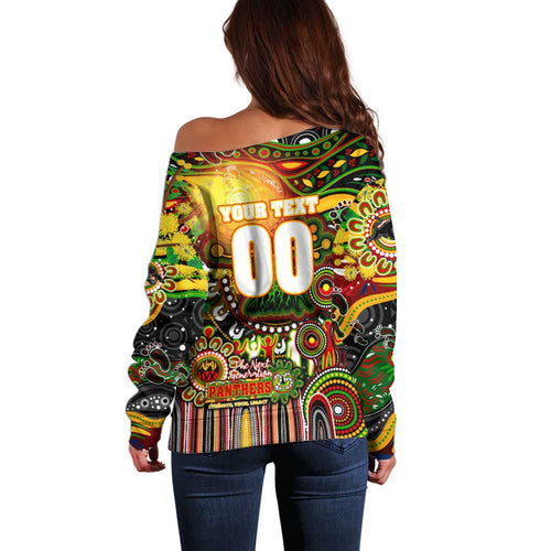 Personalised NAIDOC Week 2025 Panthers Rugby Off Shoulder Sweater Aboriginal Dot Painting