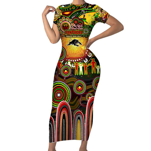 Personalised NAIDOC Week 2025 Panthers Rugby Short Sleeve Bodycon Dress Aboriginal Dot Painting