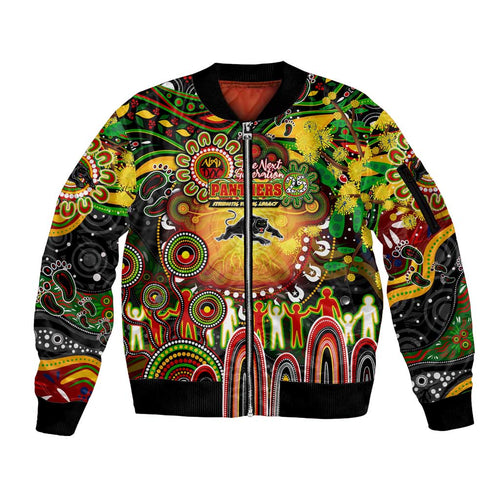 Personalised NAIDOC Week 2025 Panthers Rugby Sleeve Zip Bomber Jacket Aboriginal Dot Painting
