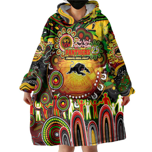 Personalised NAIDOC Week 2025 Panthers Rugby Wearable Blanket Hoodie Aboriginal Dot Painting