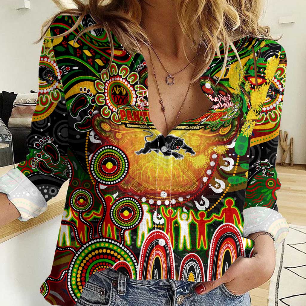 Personalised NAIDOC Week 2025 Panthers Rugby Women Casual Shirt Aboriginal Dot Painting