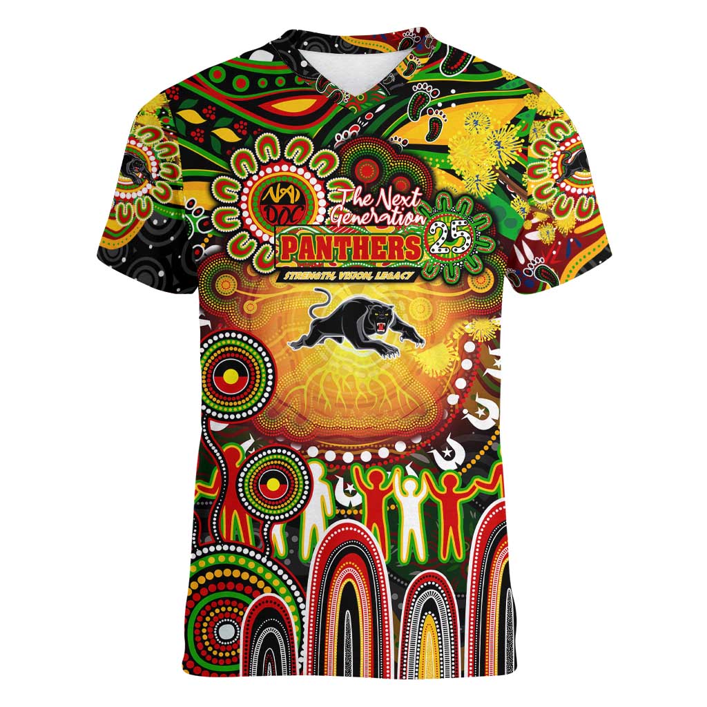 Personalised NAIDOC Week 2025 Panthers Rugby Women V-Neck T-Shirt Aboriginal Dot Painting