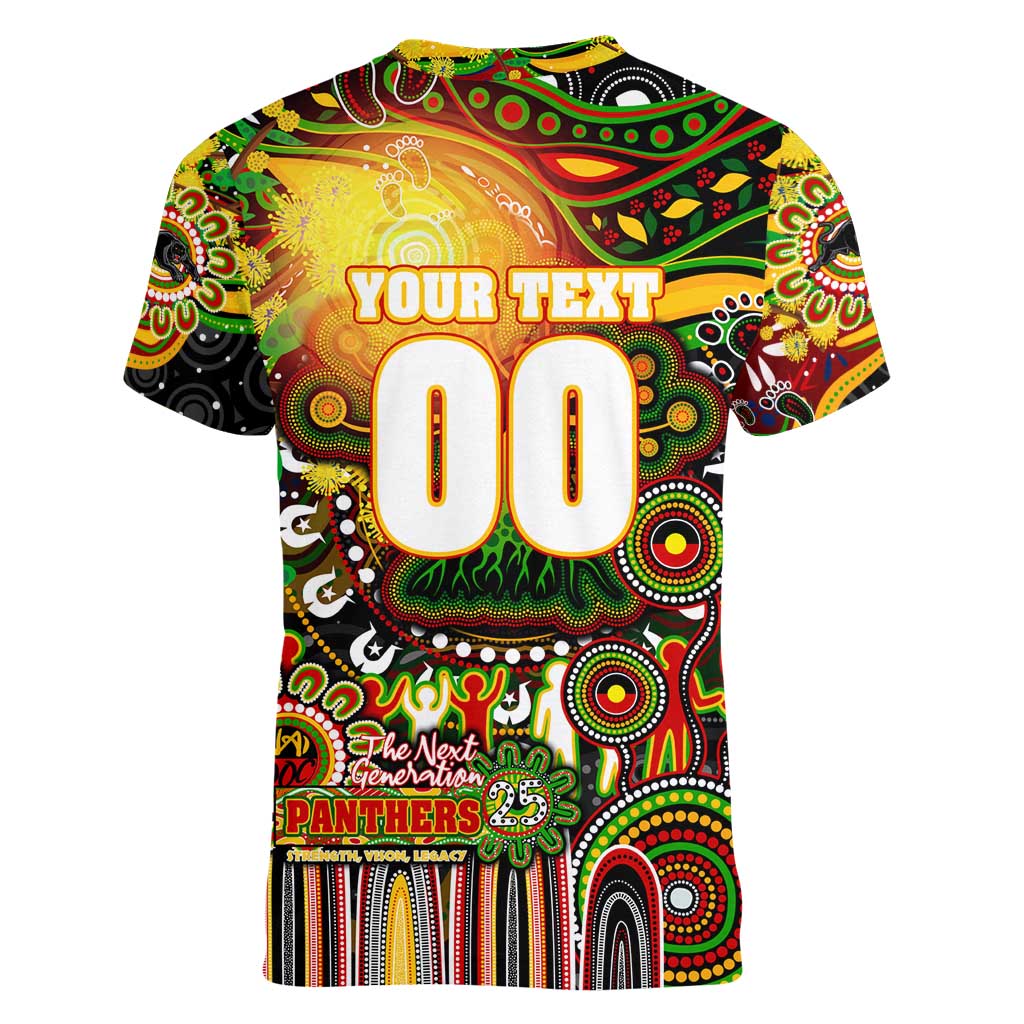 Personalised NAIDOC Week 2025 Panthers Rugby Women V-Neck T-Shirt Aboriginal Dot Painting