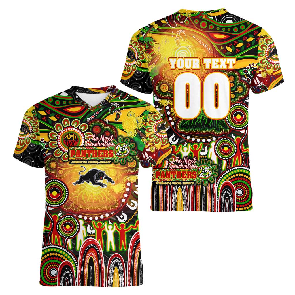Personalised NAIDOC Week 2025 Panthers Rugby Women V-Neck T-Shirt Aboriginal Dot Painting