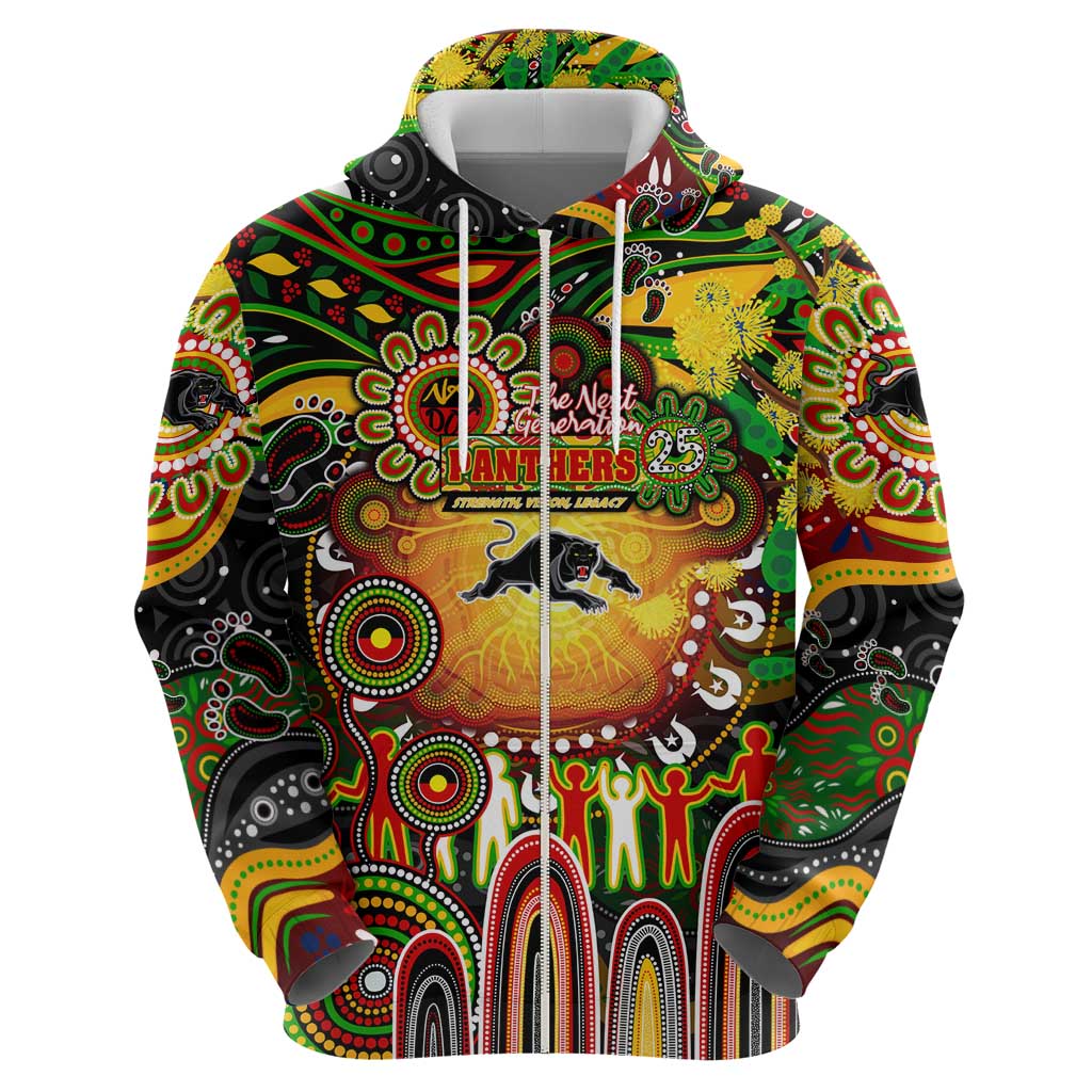 Personalised NAIDOC Week 2025 Panthers Rugby Zip Hoodie Aboriginal Dot Painting