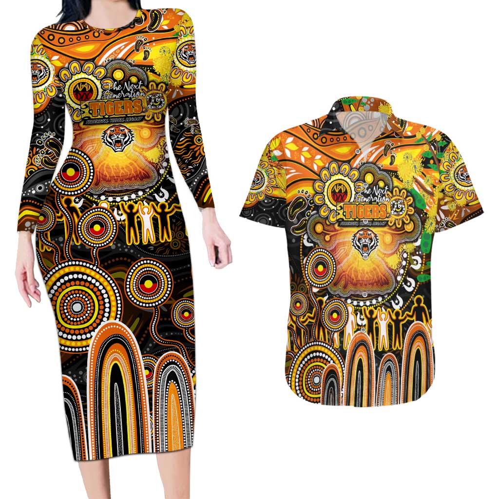 Personalised NAIDOC Week 2025 Tigers Rugby Couples Matching Long Sleeve Bodycon Dress and Hawaiian Shirt Aboriginal Dot Painting