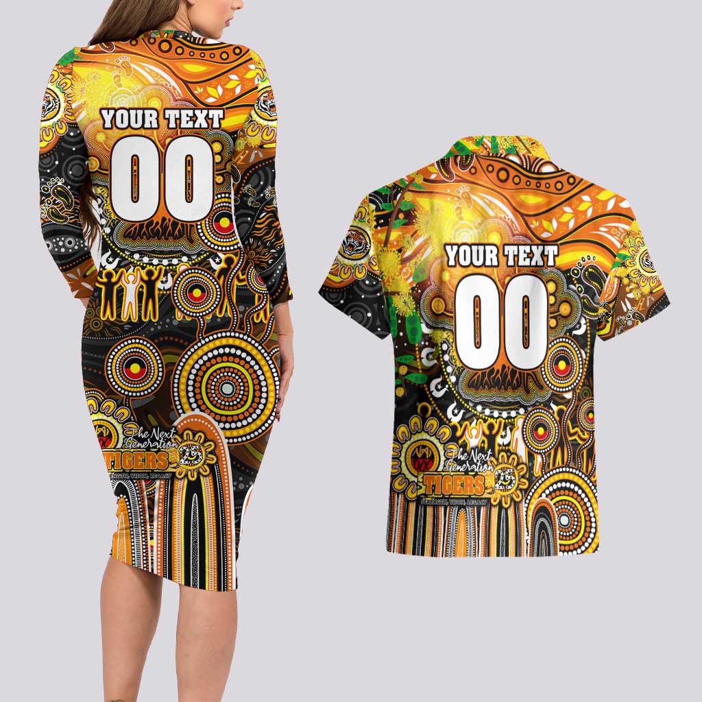 Personalised NAIDOC Week 2025 Tigers Rugby Couples Matching Long Sleeve Bodycon Dress and Hawaiian Shirt Aboriginal Dot Painting