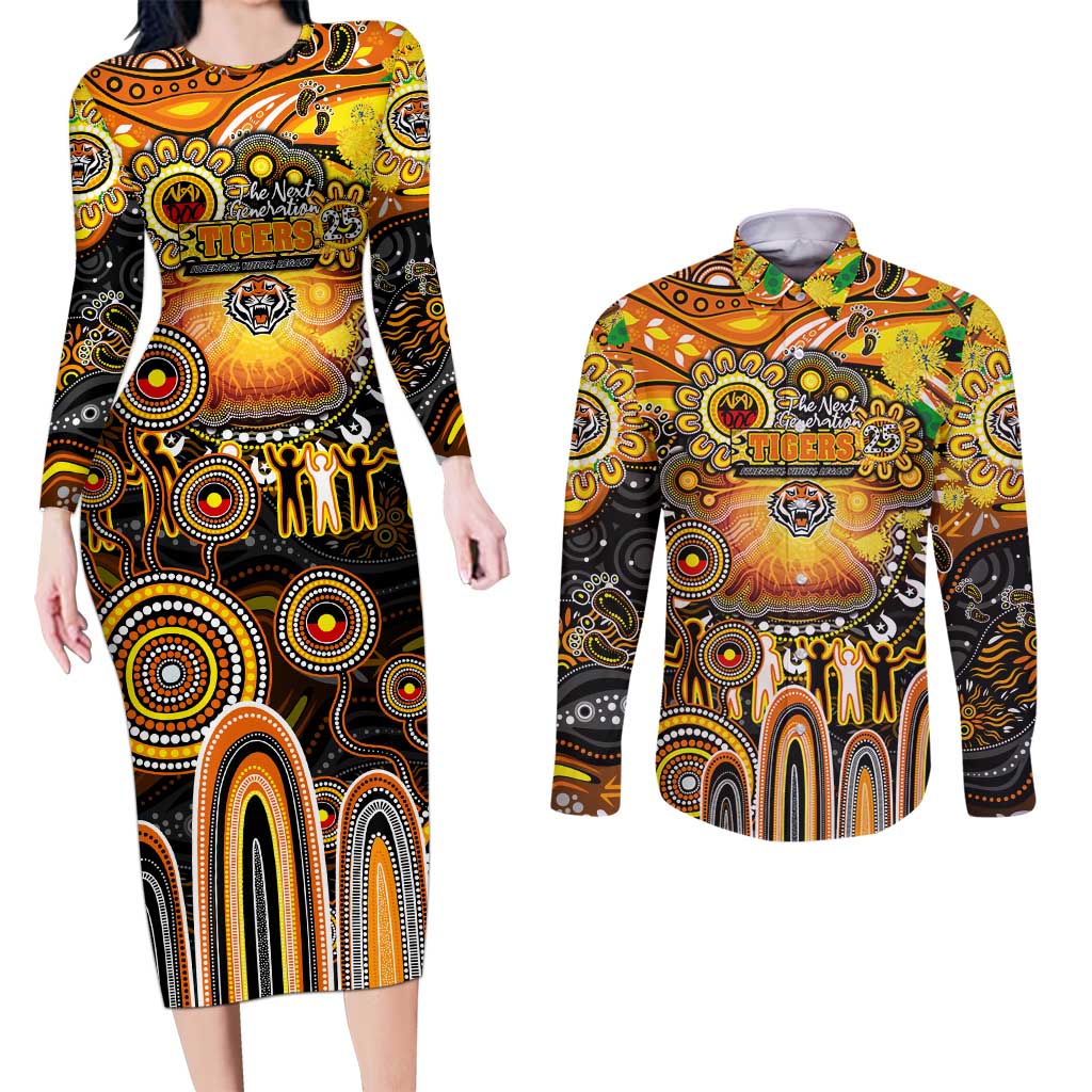 Personalised NAIDOC Week 2025 Tigers Rugby Couples Matching Long Sleeve Bodycon Dress and Long Sleeve Button Shirt Aboriginal Dot Painting