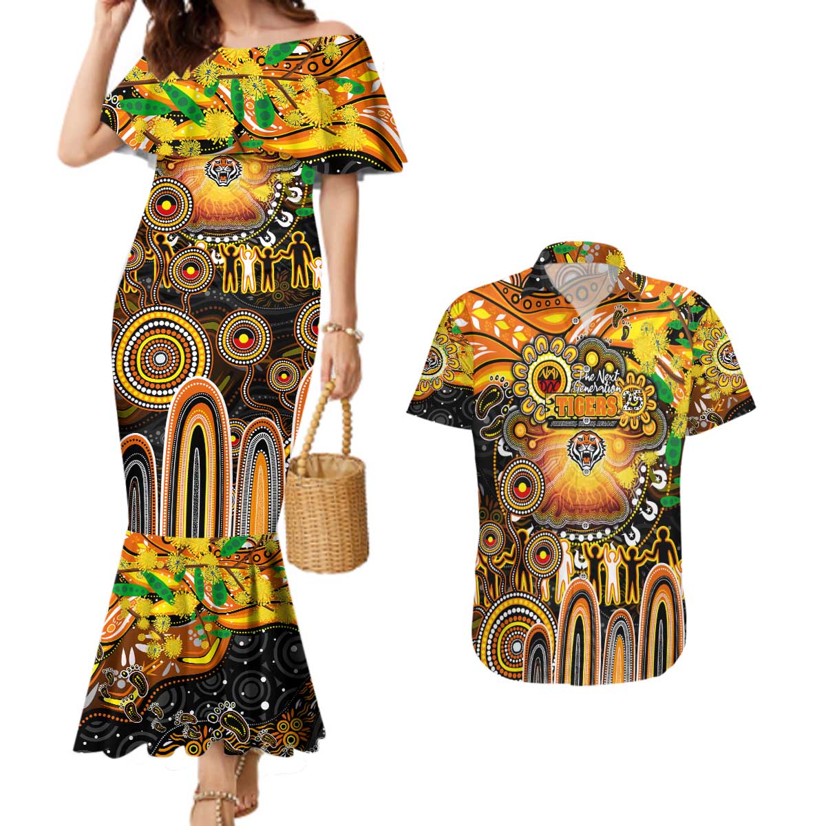 Personalised NAIDOC Week 2025 Tigers Rugby Couples Matching Mermaid Dress and Hawaiian Shirt Aboriginal Dot Painting