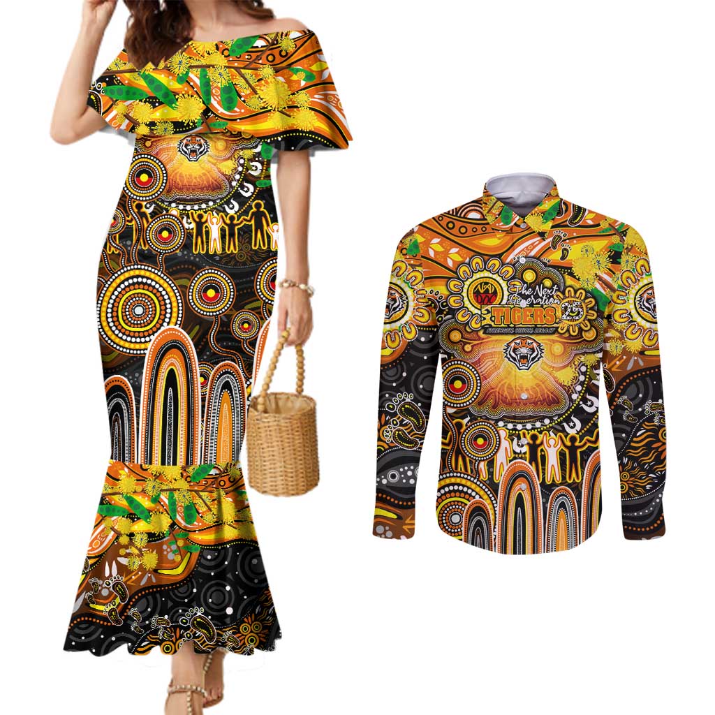 Personalised NAIDOC Week 2025 Tigers Rugby Couples Matching Mermaid Dress and Long Sleeve Button Shirt Aboriginal Dot Painting