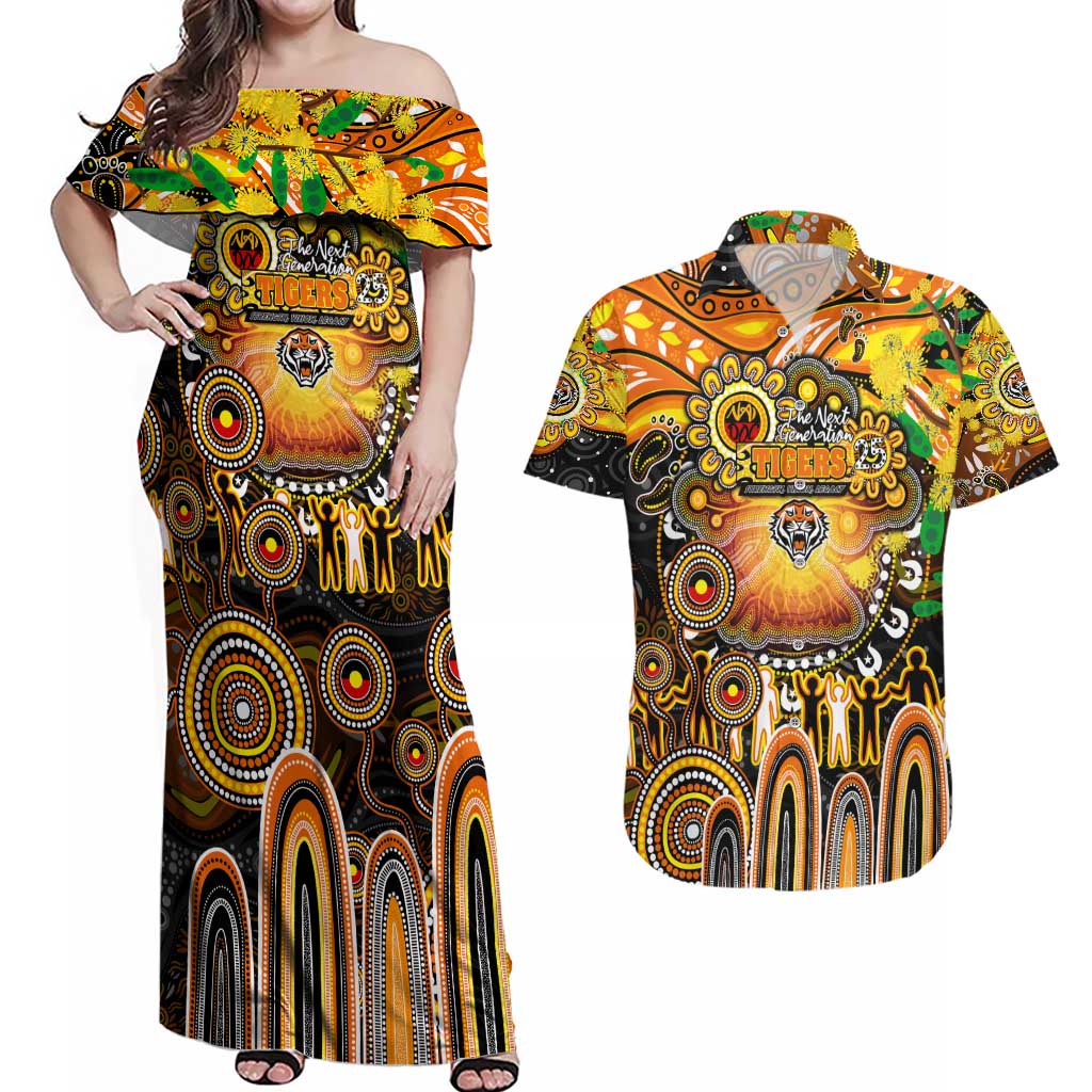 Personalised NAIDOC Week 2025 Tigers Rugby Couples Matching Off Shoulder Maxi Dress and Hawaiian Shirt Aboriginal Dot Painting