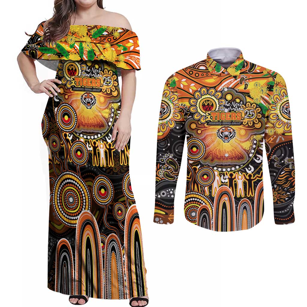 Personalised NAIDOC Week 2025 Tigers Rugby Couples Matching Off Shoulder Maxi Dress and Long Sleeve Button Shirt Aboriginal Dot Painting