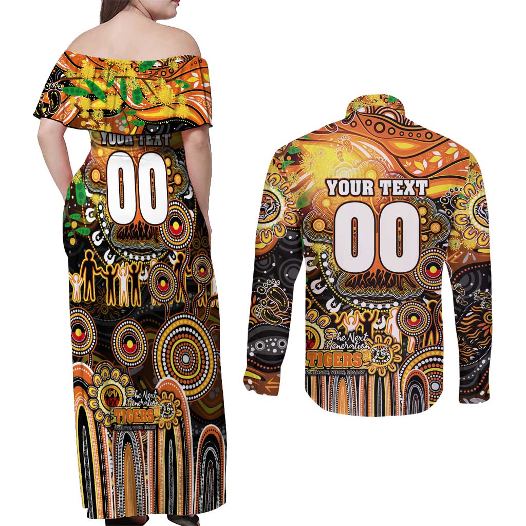 Personalised NAIDOC Week 2025 Tigers Rugby Couples Matching Off Shoulder Maxi Dress and Long Sleeve Button Shirt Aboriginal Dot Painting