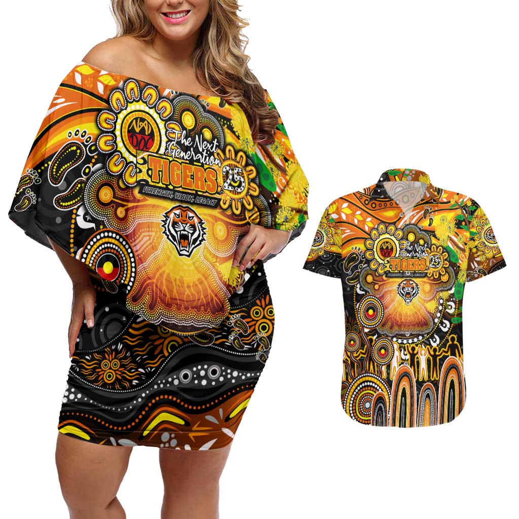 Personalised NAIDOC Week 2025 Tigers Rugby Couples Matching Off Shoulder Short Dress and Hawaiian Shirt Aboriginal Dot Painting