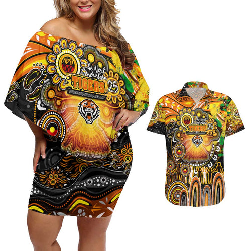 Personalised NAIDOC Week 2025 Tigers Rugby Couples Matching Off Shoulder Short Dress and Hawaiian Shirt Aboriginal Dot Painting