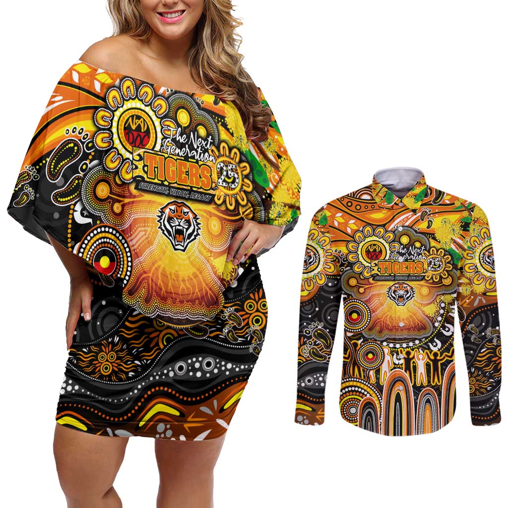 Personalised NAIDOC Week 2025 Tigers Rugby Couples Matching Off Shoulder Short Dress and Long Sleeve Button Shirt Aboriginal Dot Painting