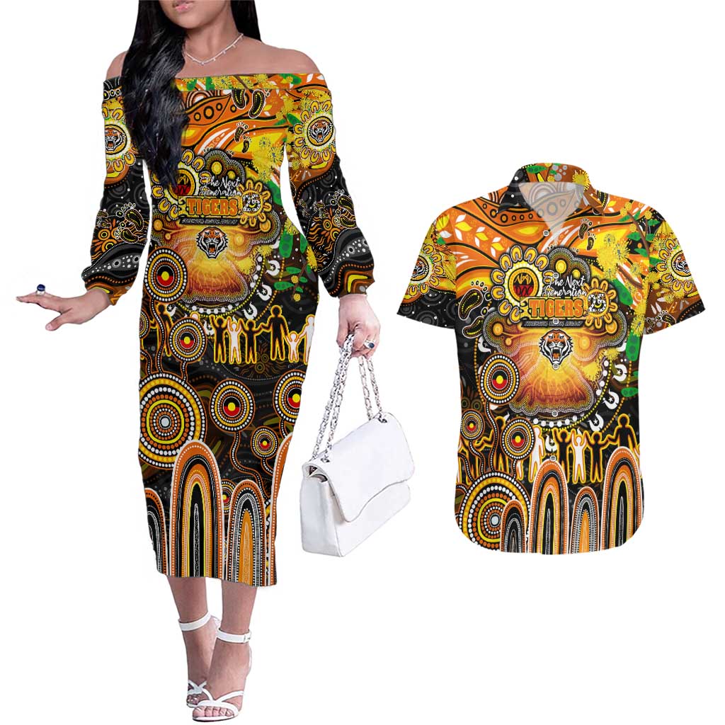 Personalised NAIDOC Week 2025 Tigers Rugby Couples Matching Off The Shoulder Long Sleeve Dress and Hawaiian Shirt Aboriginal Dot Painting