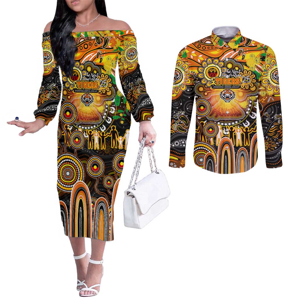 Personalised NAIDOC Week 2025 Tigers Rugby Couples Matching Off The Shoulder Long Sleeve Dress and Long Sleeve Button Shirt Aboriginal Dot Painting