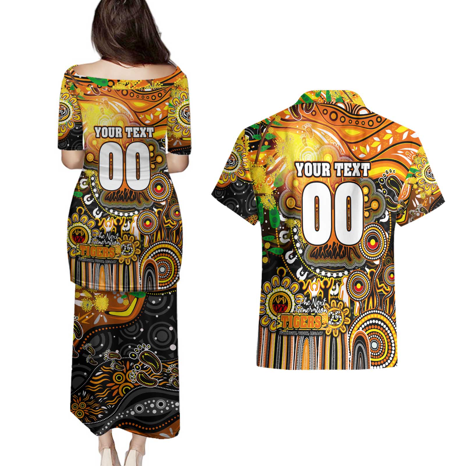 Personalised NAIDOC Week 2025 Tigers Rugby Couples Matching Puletasi and Hawaiian Shirt Aboriginal Dot Painting