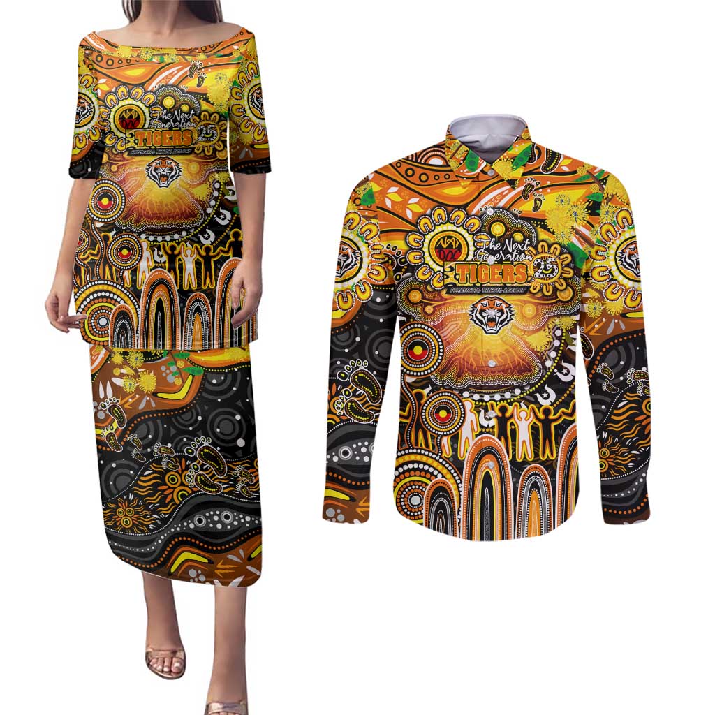 Personalised NAIDOC Week 2025 Tigers Rugby Couples Matching Puletasi and Long Sleeve Button Shirt Aboriginal Dot Painting