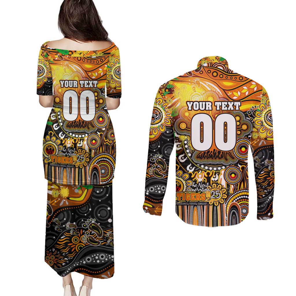 Personalised NAIDOC Week 2025 Tigers Rugby Couples Matching Puletasi and Long Sleeve Button Shirt Aboriginal Dot Painting