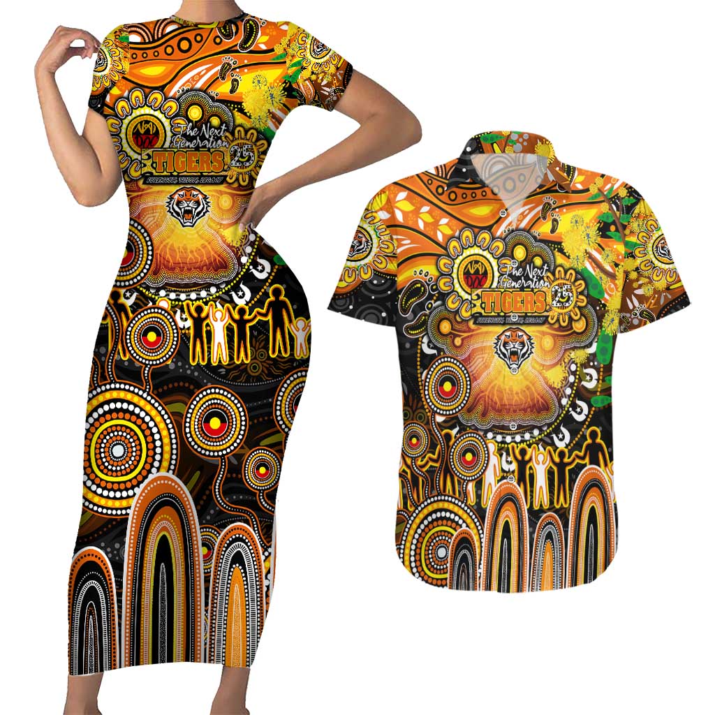 Personalised NAIDOC Week 2025 Tigers Rugby Couples Matching Short Sleeve Bodycon Dress and Hawaiian Shirt Aboriginal Dot Painting