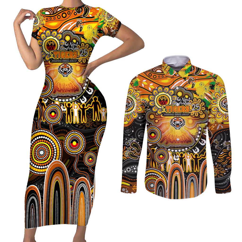Personalised NAIDOC Week 2025 Tigers Rugby Couples Matching Short Sleeve Bodycon Dress and Long Sleeve Button Shirt Aboriginal Dot Painting
