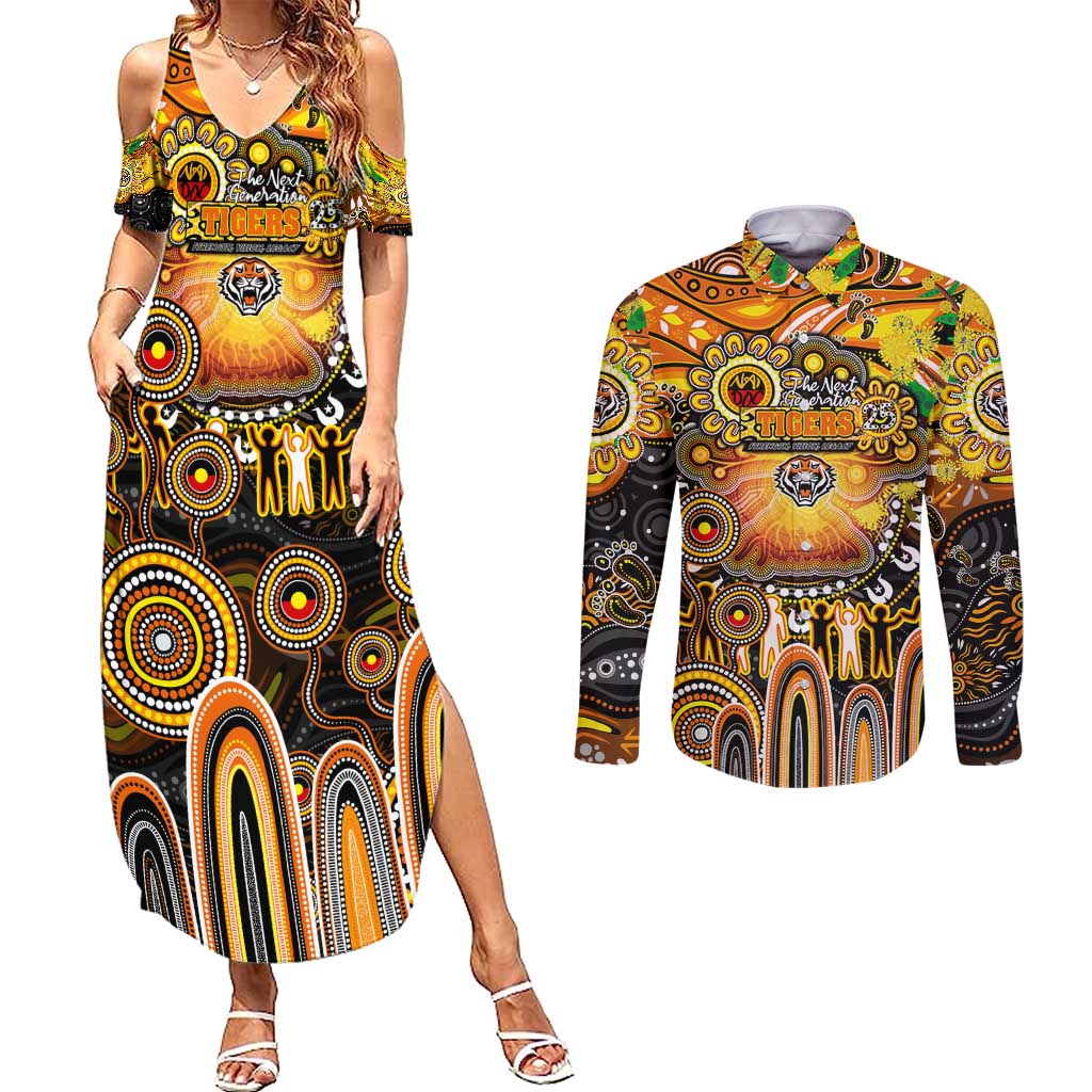 Personalised NAIDOC Week 2025 Tigers Rugby Couples Matching Summer Maxi Dress and Long Sleeve Button Shirt Aboriginal Dot Painting