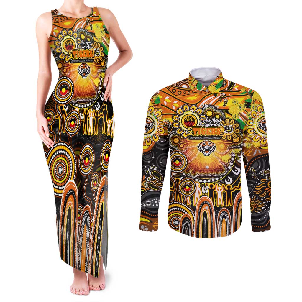 Personalised NAIDOC Week 2025 Tigers Rugby Couples Matching Tank Maxi Dress and Long Sleeve Button Shirt Aboriginal Dot Painting