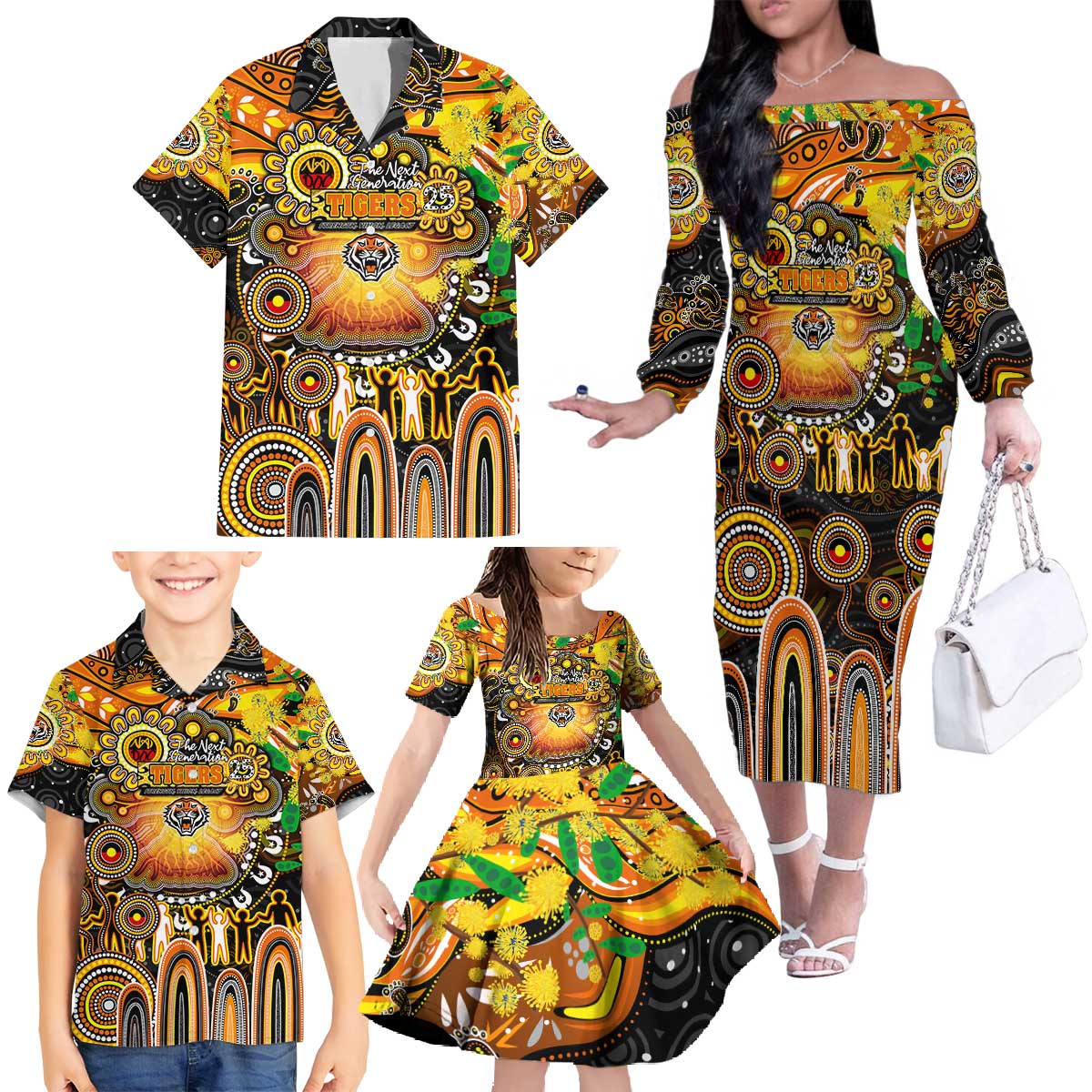 Personalised NAIDOC Week 2025 Tigers Rugby Family Matching Off The Shoulder Long Sleeve Dress and Hawaiian Shirt Aboriginal Dot Painting