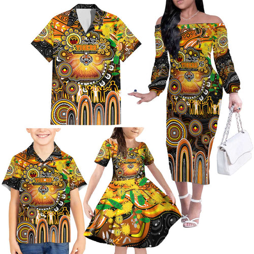 Personalised NAIDOC Week 2025 Tigers Rugby Family Matching Off The Shoulder Long Sleeve Dress and Hawaiian Shirt Aboriginal Dot Painting