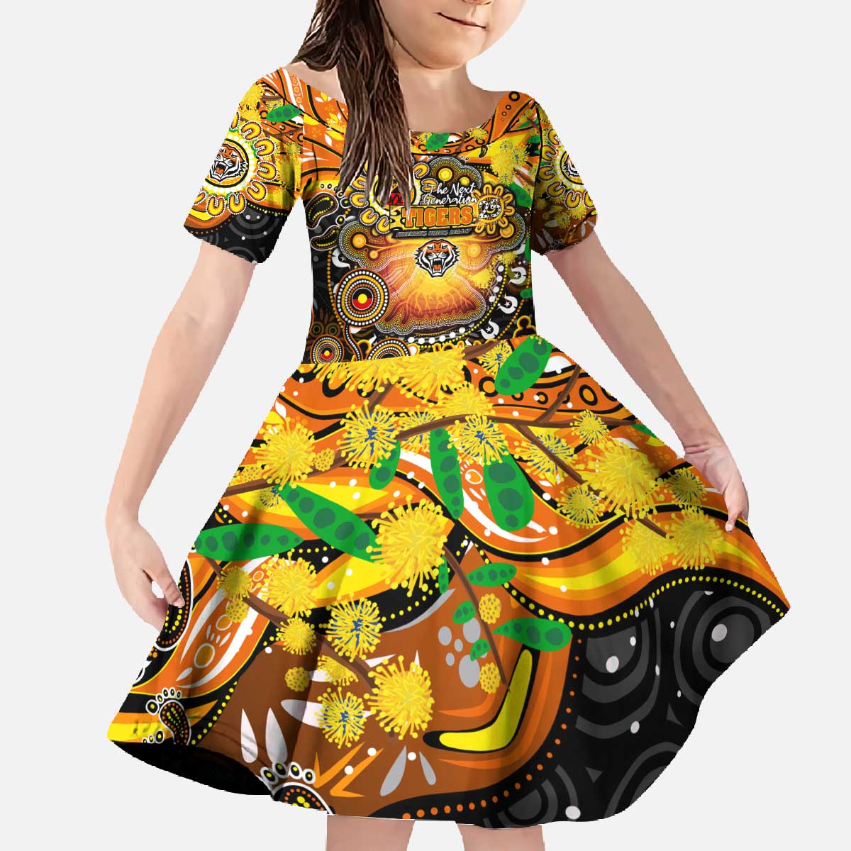 Personalised NAIDOC Week 2025 Tigers Rugby Family Matching Off The Shoulder Long Sleeve Dress and Hawaiian Shirt Aboriginal Dot Painting
