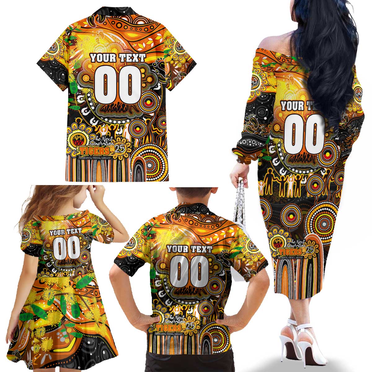 Personalised NAIDOC Week 2025 Tigers Rugby Family Matching Off The Shoulder Long Sleeve Dress and Hawaiian Shirt Aboriginal Dot Painting