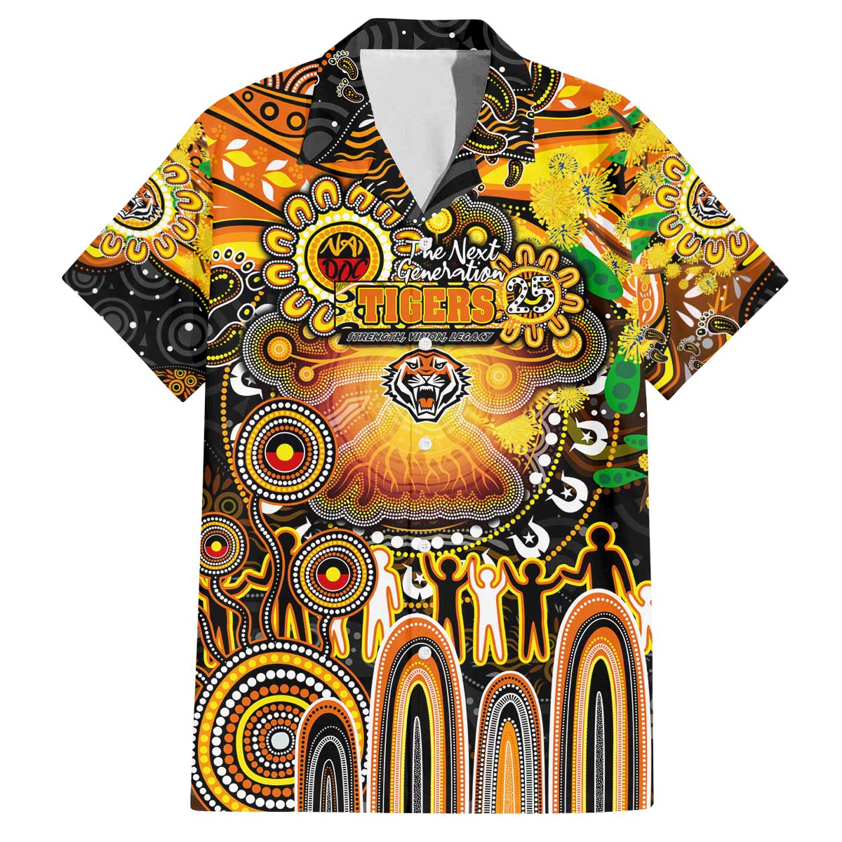 Personalised NAIDOC Week 2025 Tigers Rugby Family Matching Off The Shoulder Long Sleeve Dress and Hawaiian Shirt Aboriginal Dot Painting