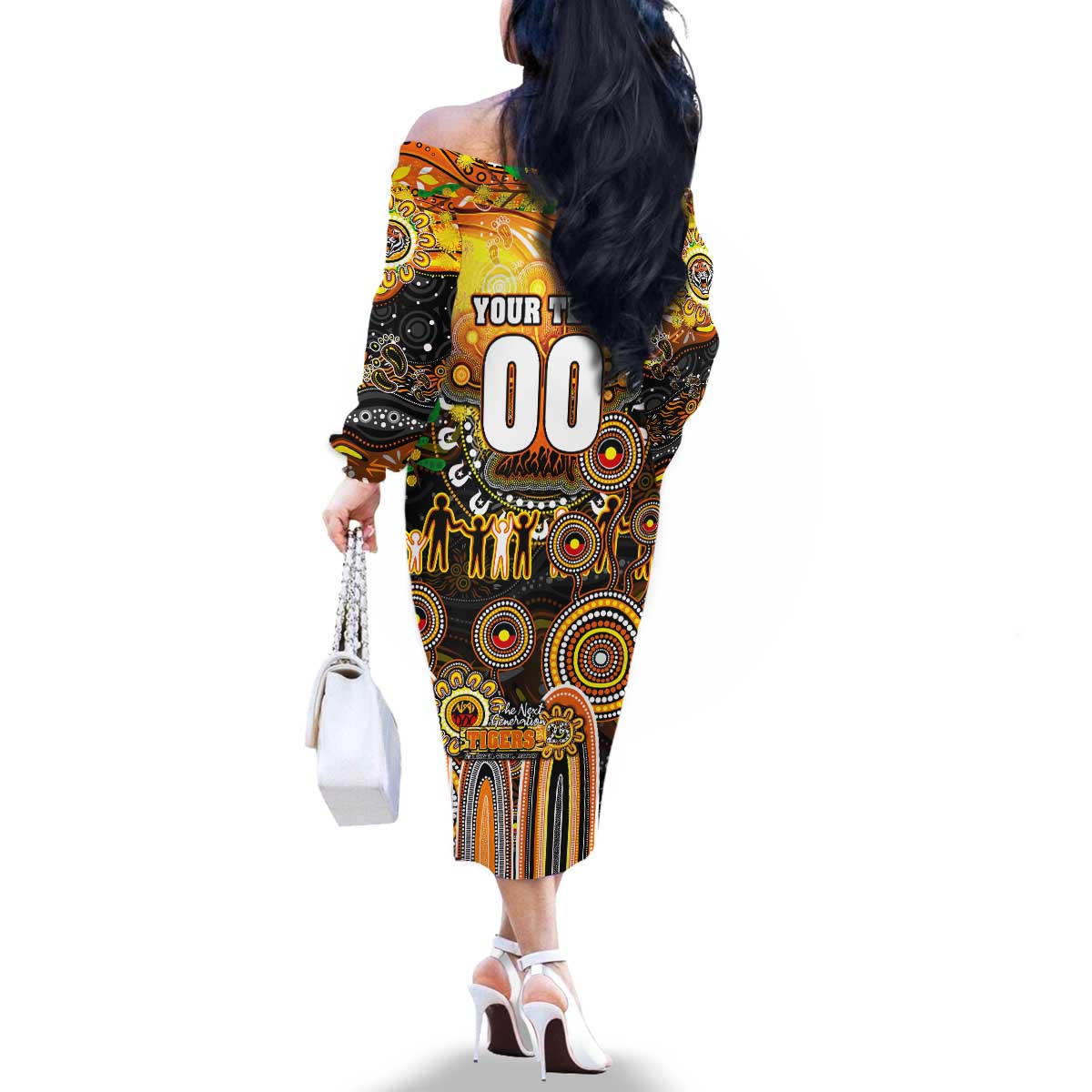 Personalised NAIDOC Week 2025 Tigers Rugby Family Matching Off The Shoulder Long Sleeve Dress and Hawaiian Shirt Aboriginal Dot Painting