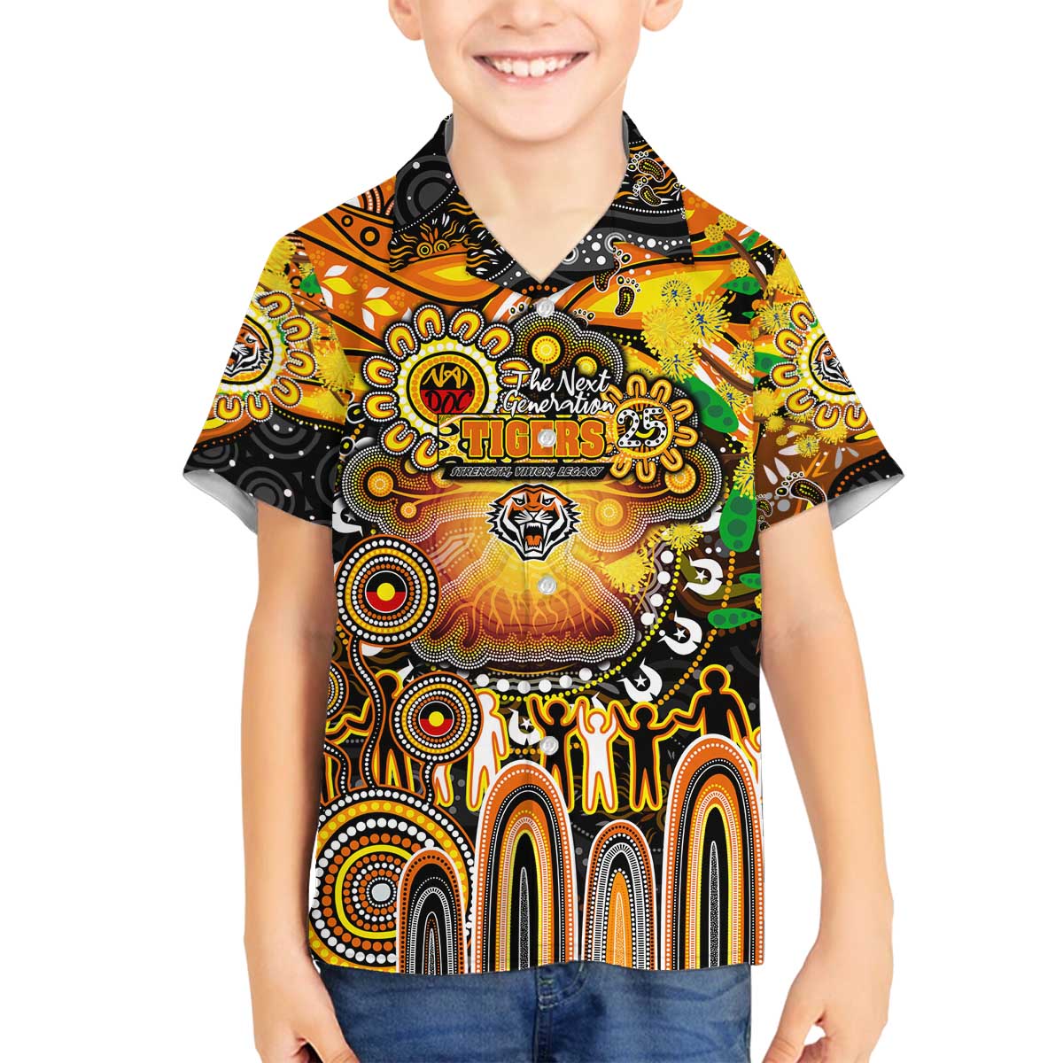 Personalised NAIDOC Week 2025 Tigers Rugby Family Matching Off The Shoulder Long Sleeve Dress and Hawaiian Shirt Aboriginal Dot Painting