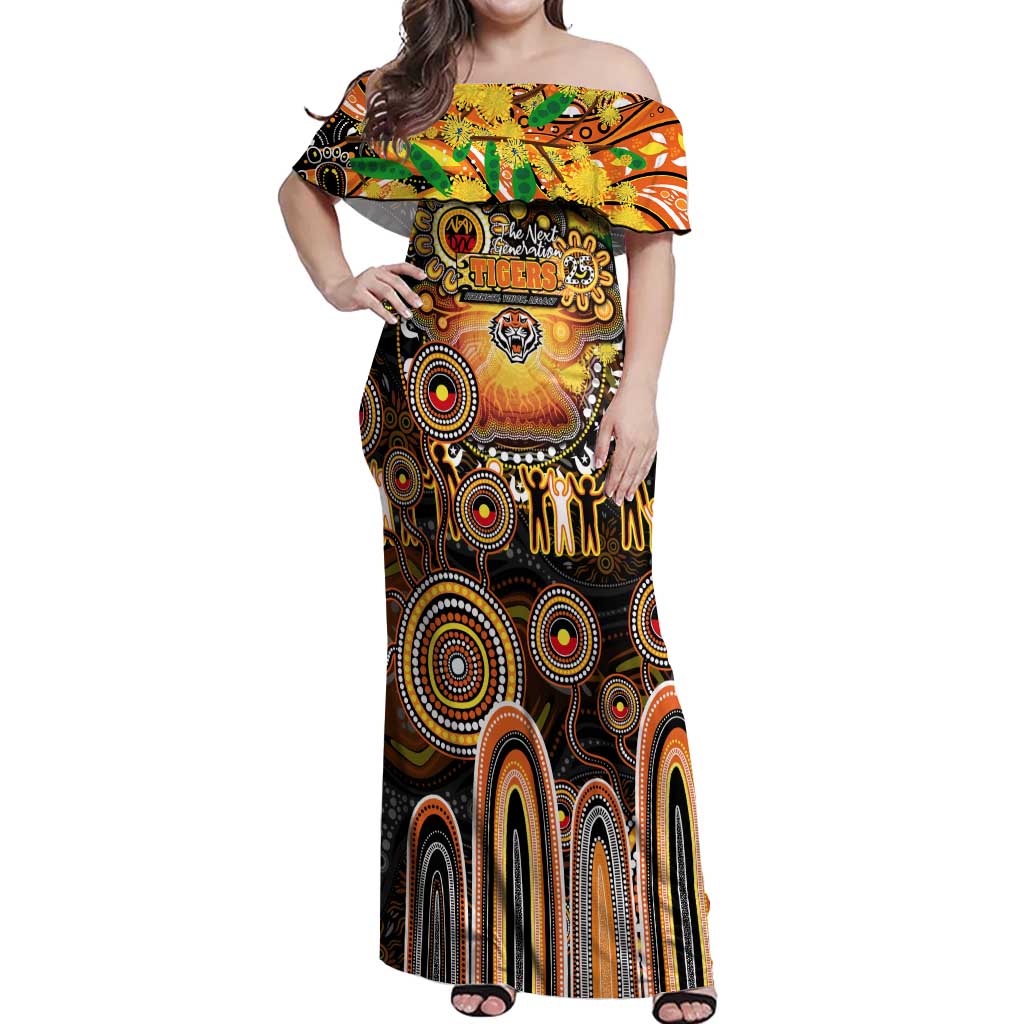 Personalised NAIDOC Week 2025 Tigers Rugby Off Shoulder Maxi Dress Aboriginal Dot Painting
