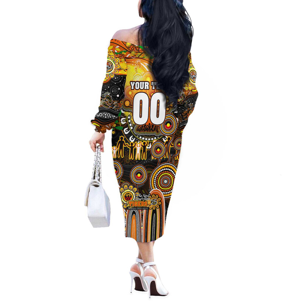 Personalised NAIDOC Week 2025 Tigers Rugby Off The Shoulder Long Sleeve Dress Aboriginal Dot Painting