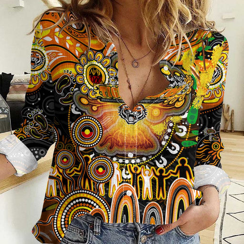 Personalised NAIDOC Week 2025 Tigers Rugby Women Casual Shirt Aboriginal Dot Painting