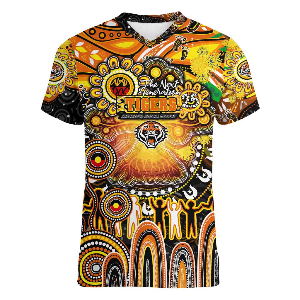 Personalised NAIDOC Week 2025 Tigers Rugby Women V-Neck T-Shirt Aboriginal Dot Painting