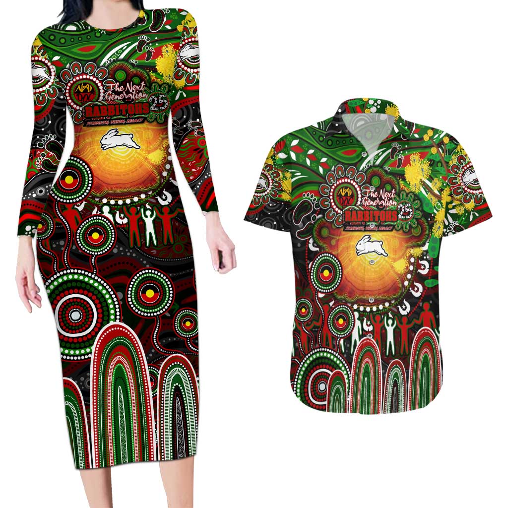 Personalised NAIDOC Week 2025 Rabbitohs Rugby Couples Matching Long Sleeve Bodycon Dress and Hawaiian Shirt Aboriginal Dot Painting