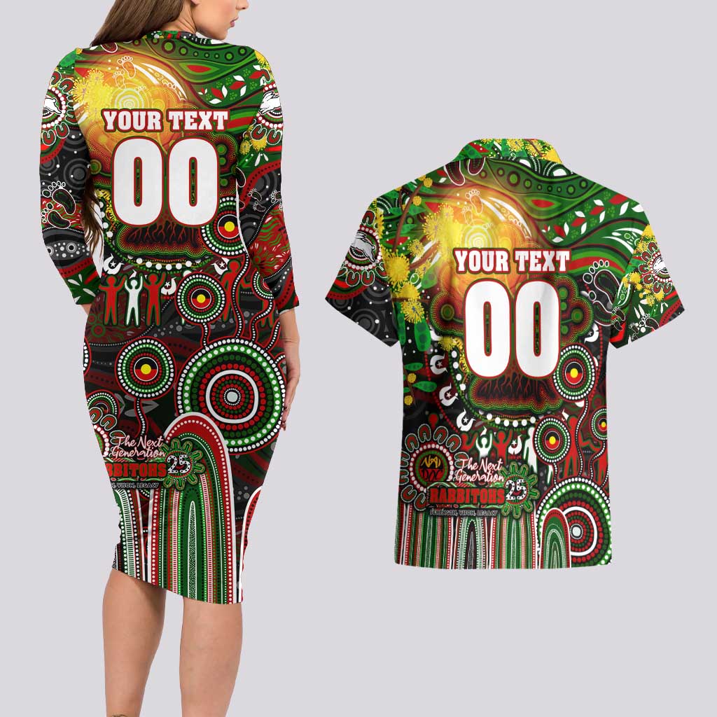 Personalised NAIDOC Week 2025 Rabbitohs Rugby Couples Matching Long Sleeve Bodycon Dress and Hawaiian Shirt Aboriginal Dot Painting