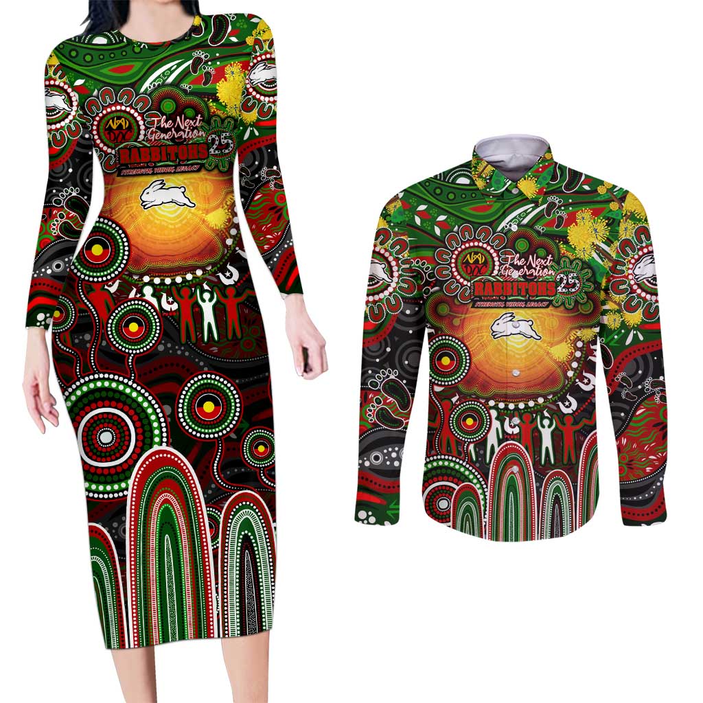 Personalised NAIDOC Week 2025 Rabbitohs Rugby Couples Matching Long Sleeve Bodycon Dress and Long Sleeve Button Shirt Aboriginal Dot Painting