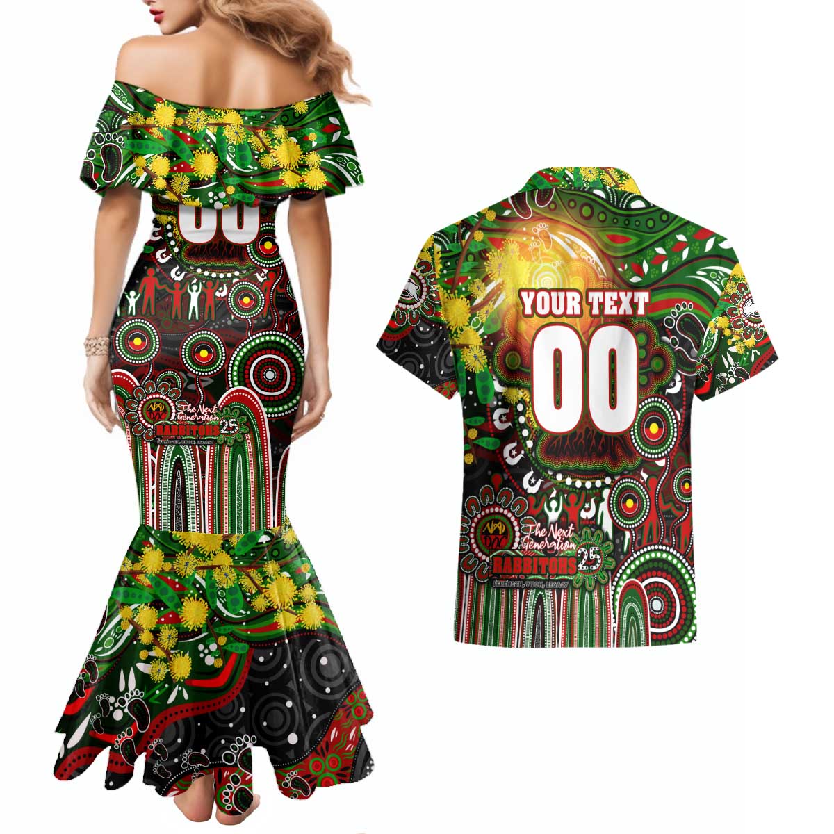 Personalised NAIDOC Week 2025 Rabbitohs Rugby Couples Matching Mermaid Dress and Hawaiian Shirt Aboriginal Dot Painting